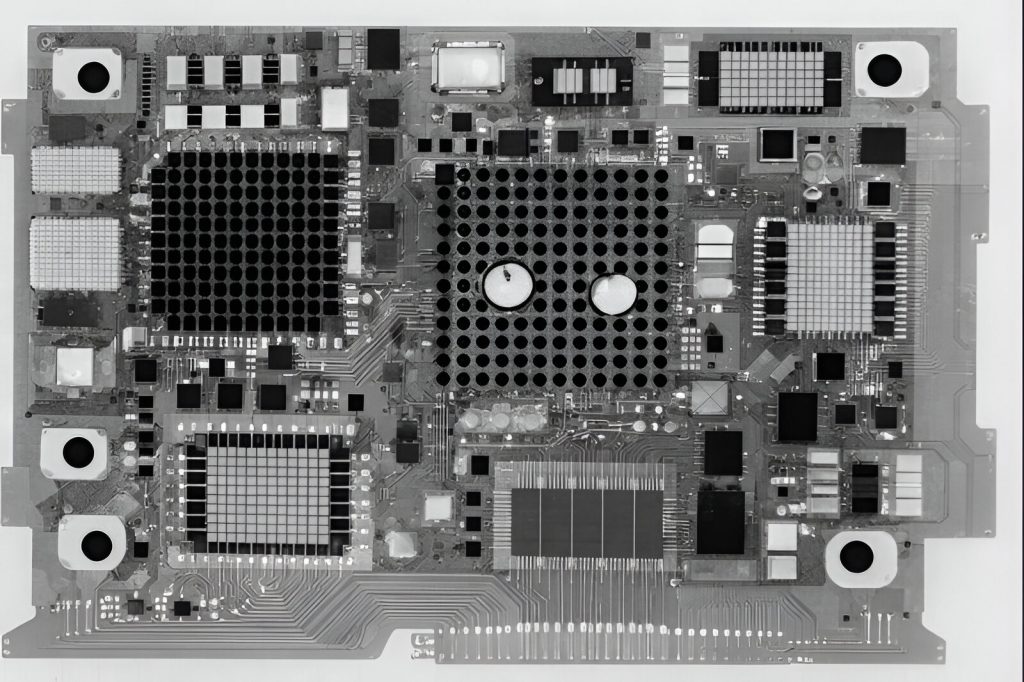 High-resolution X-ray scan of a PCB assembly revealing internal solder joints
