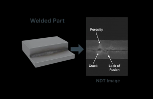 Welded part before inspection (left) and NDT scan results (right) showing porosity, cracks, and lack of fusion detected using advanced X-ray/CT techniques.