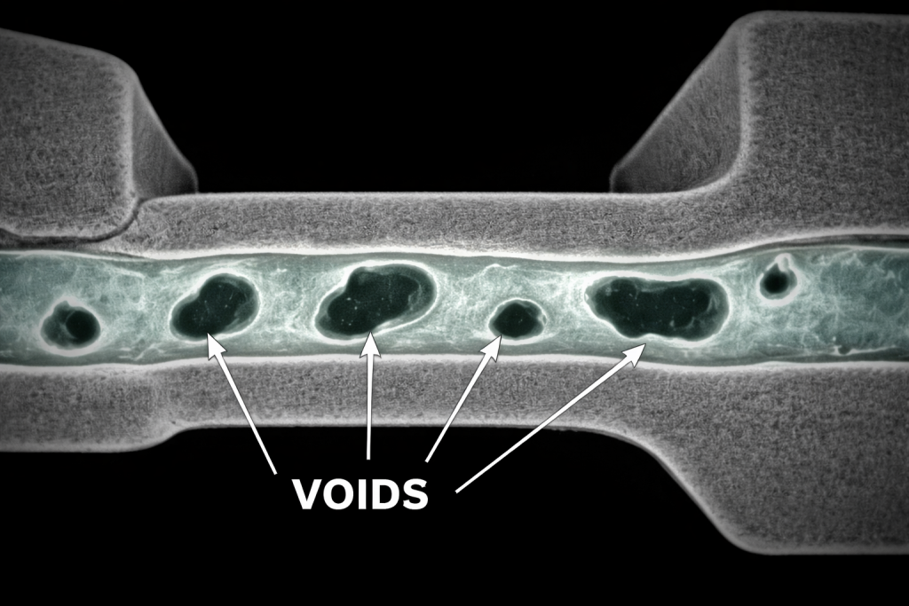 X-ray inspection detects hidden voids in adhesive layers of bonded assemblies.