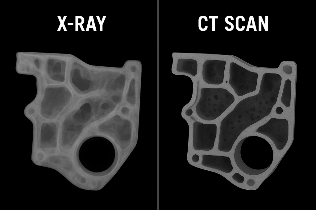 X-ray vs. CT scan of a lightweight automotive engine bracket casting, revealing internal lattice structures and porosity for optimized performance and reduced weight