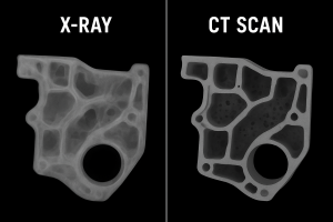 X-ray vs. CT scan of a lightweight automotive engine bracket casting, revealing internal lattice structures and porosity for optimized performance and reduced weight