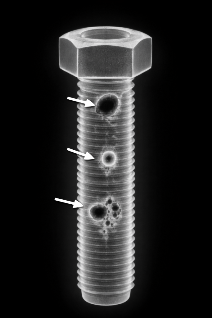 X-ray image of a bolt showing inclusions, voids, or internal density issues.