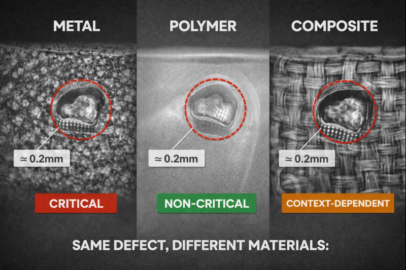 Same defect shown in metal, polymer, and composite CT scans.