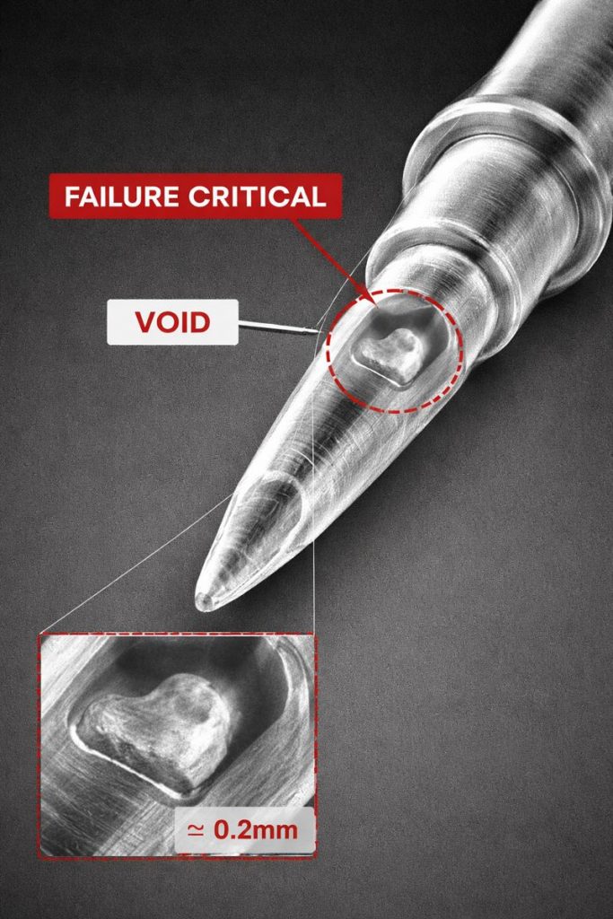 Void shown inside a thin connector pin (failure-critical)