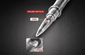 Void shown inside a thin connector pin (failure-critical)