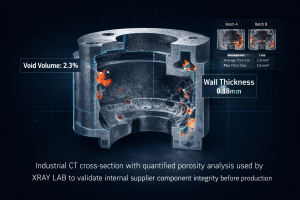 High-resolution CT reconstruction with void volume mapping and wall thickness measurement, enabling XRAY LAB to verify supplier quality with measurable data.