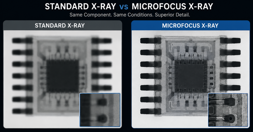 Side-by-side comparison of standard X-ray and microfocus X-ray imaging