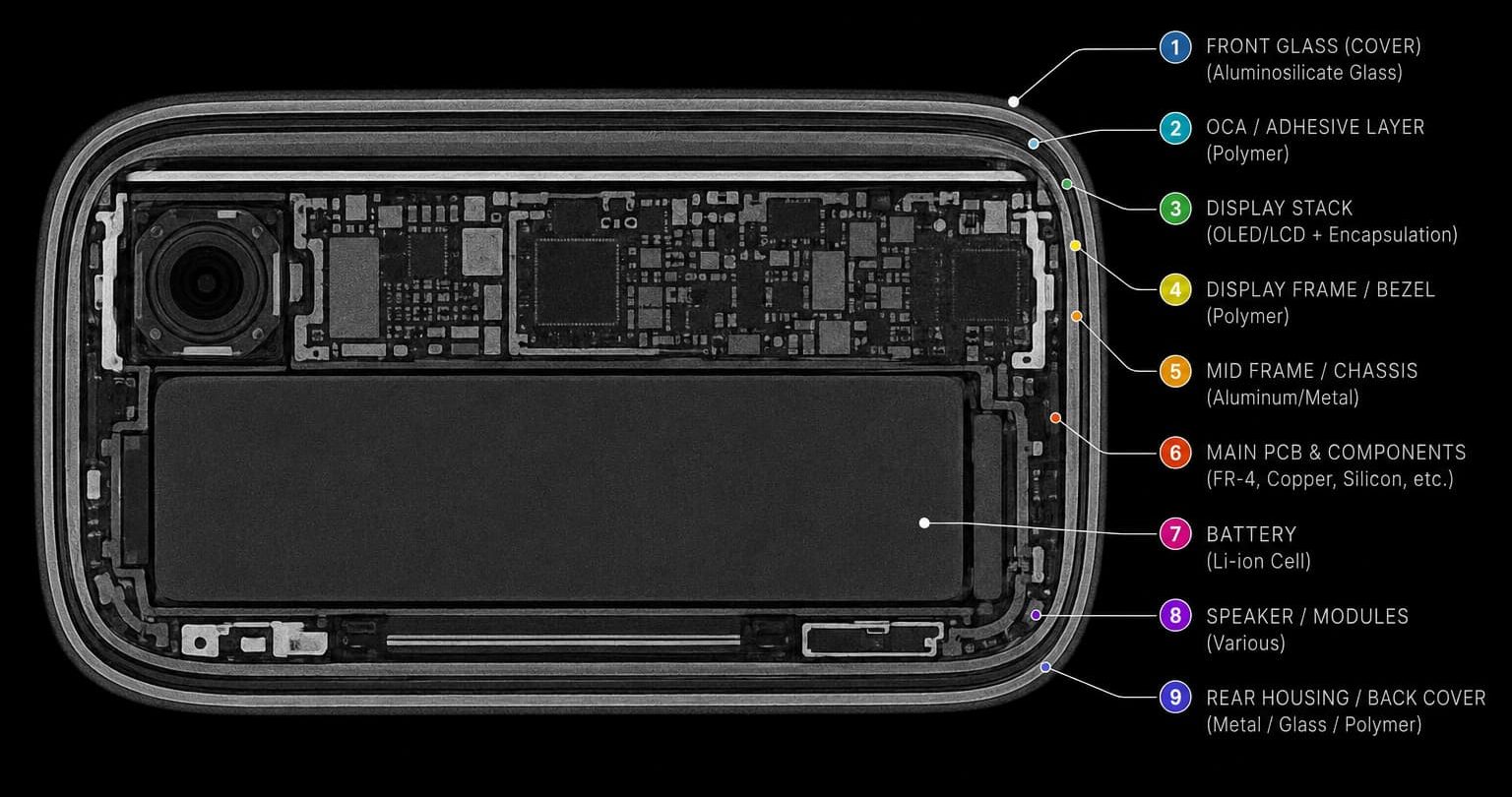 CT axial slice showing smartphone layer