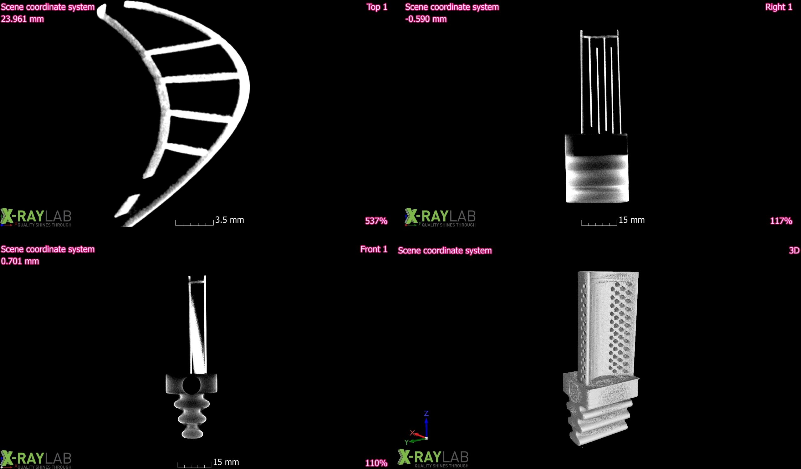 CT scan cross-sections of Inconel turbine blades
