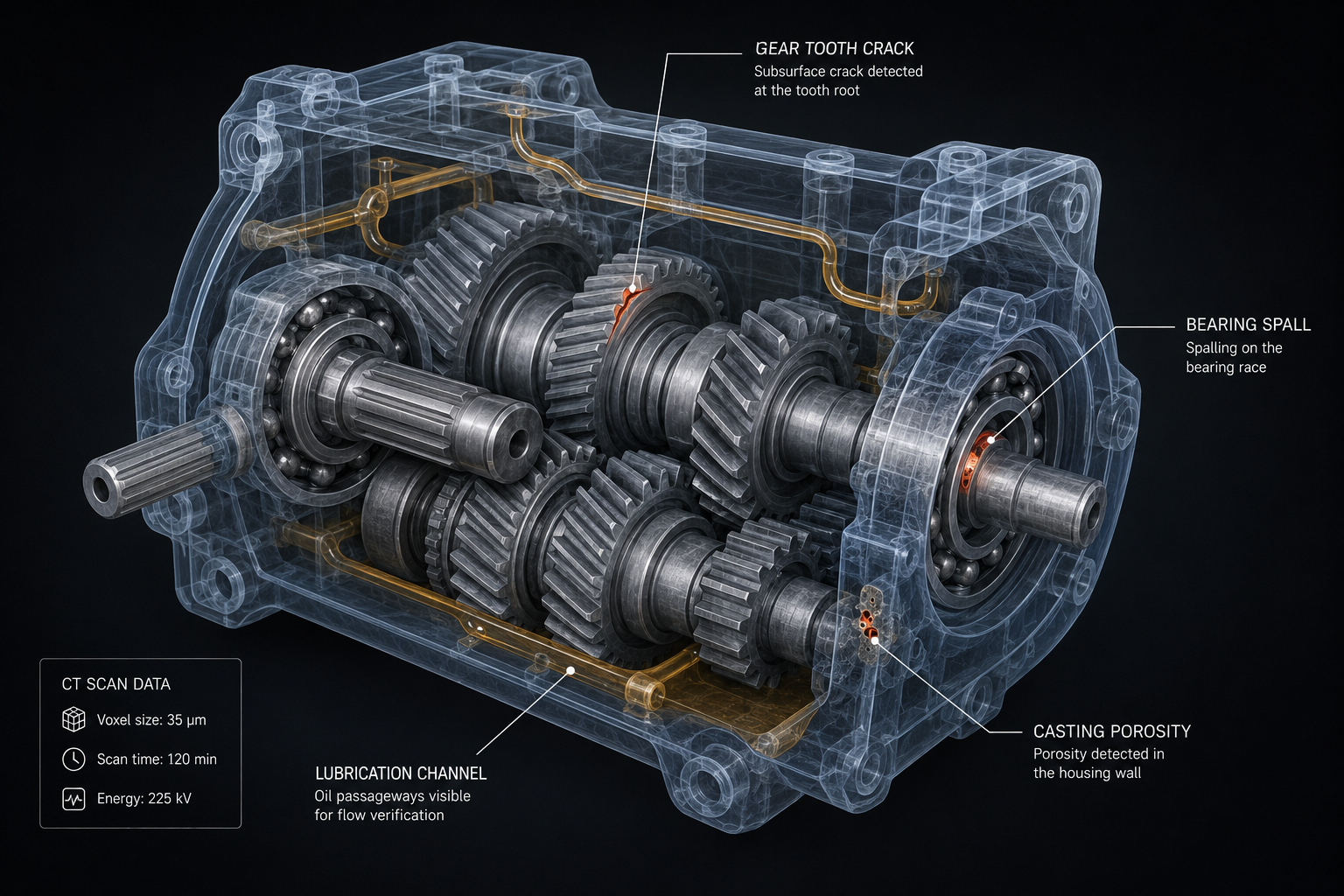 Industrial CT inspection of gearboxes reveals internal gearbox defects, dimensional deviations, and assembly quality without opening or damaging the component.