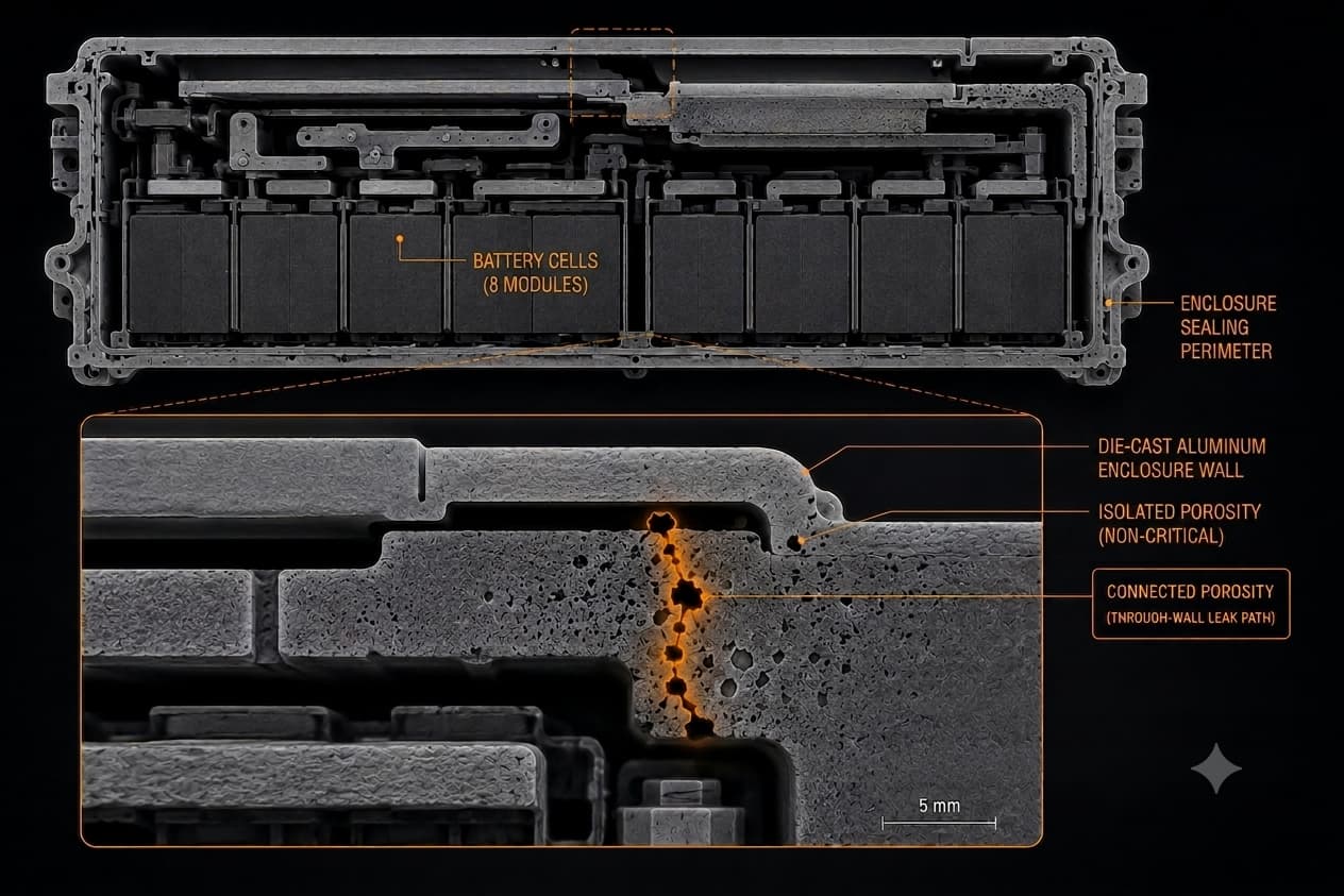 Conceptual CT scan illustration showing connected casting porosity forming