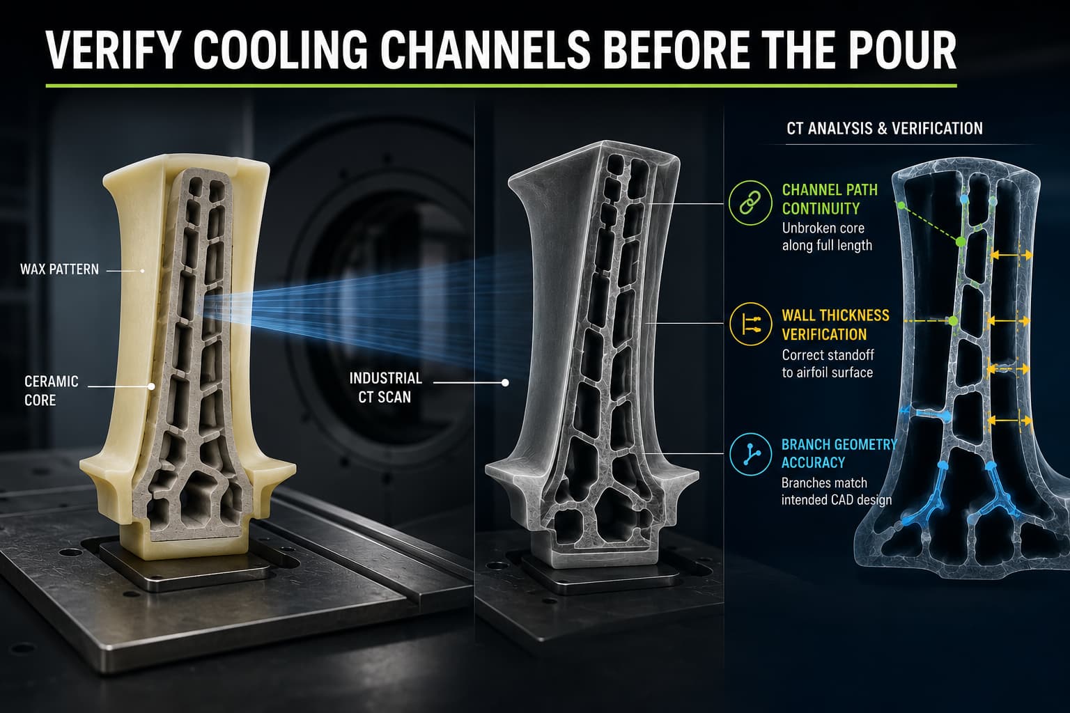 Conceptual illustration of CT scanning a turbine blade