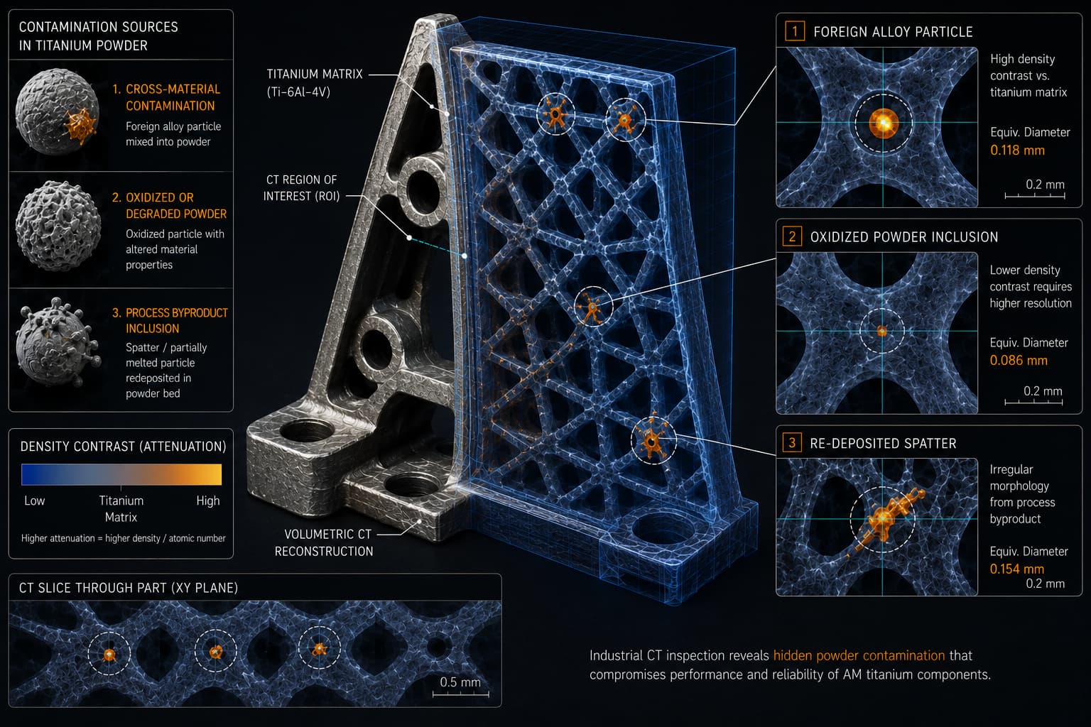 Conceptual illustration of CT scanning on a titanium 3D-printed lattice bracket,