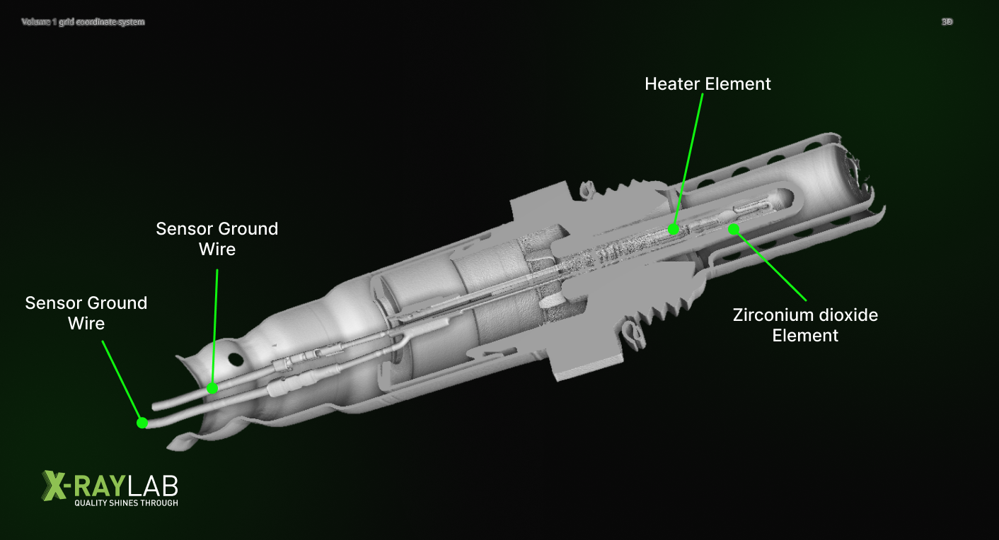 3D CT cutaway revealing the heater element, zirconia sensing element, and internal electrical conductors routed to the sensor tip.