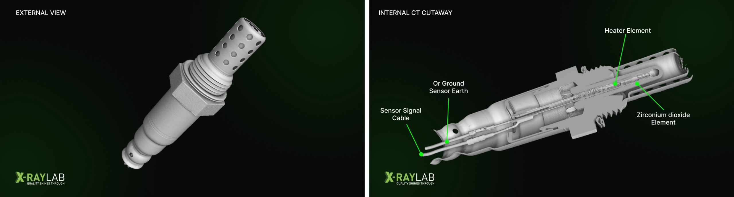 Exterior view (left) versus internal CT cutaway (right) of the same lambda sensor