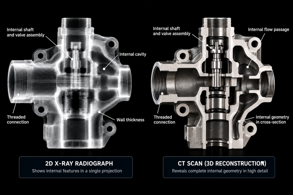 Comparison of 2D X-ray radiography and 3D industrial CT inspection