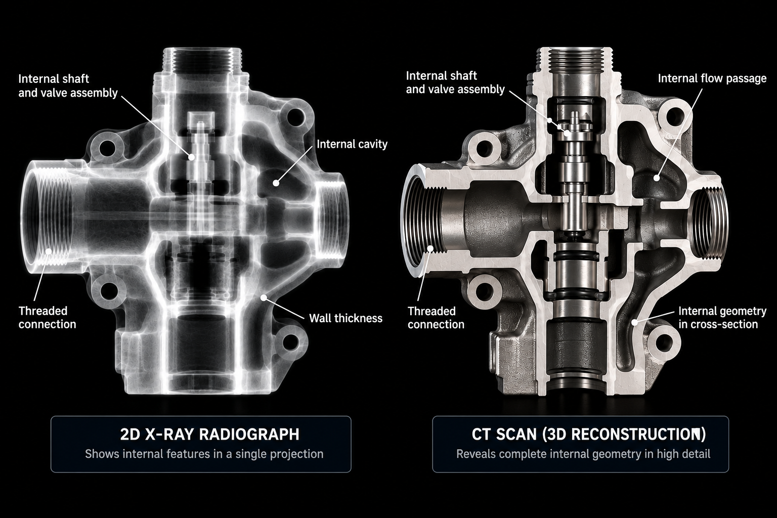 Comparison of 2D X-ray radiography and 3D industrial CT inspection